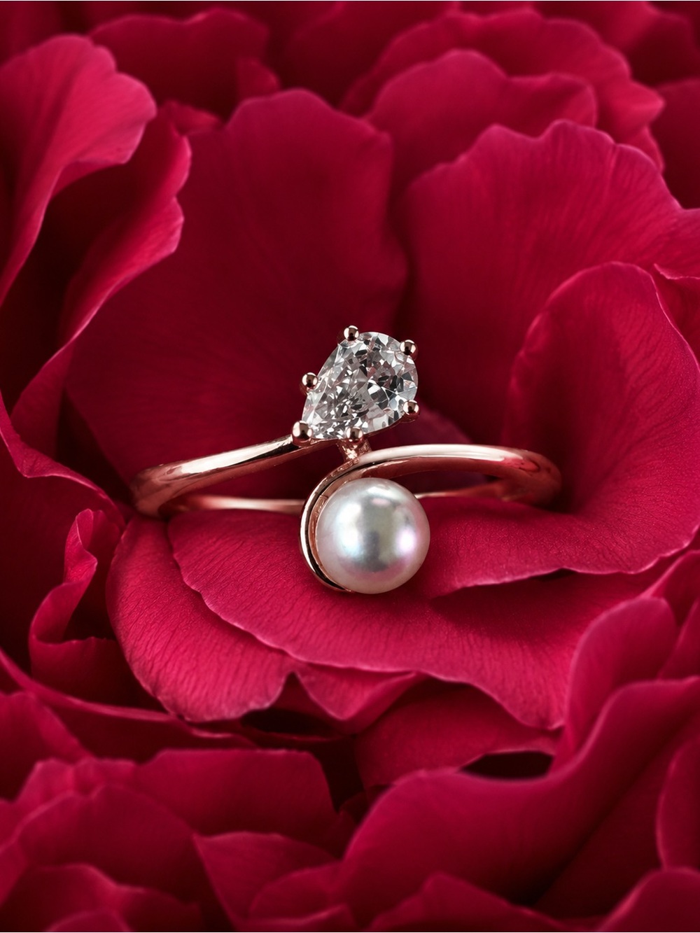 Elegant Rose Gold Pearl & Teardrop CZ Ring - Pink size 10